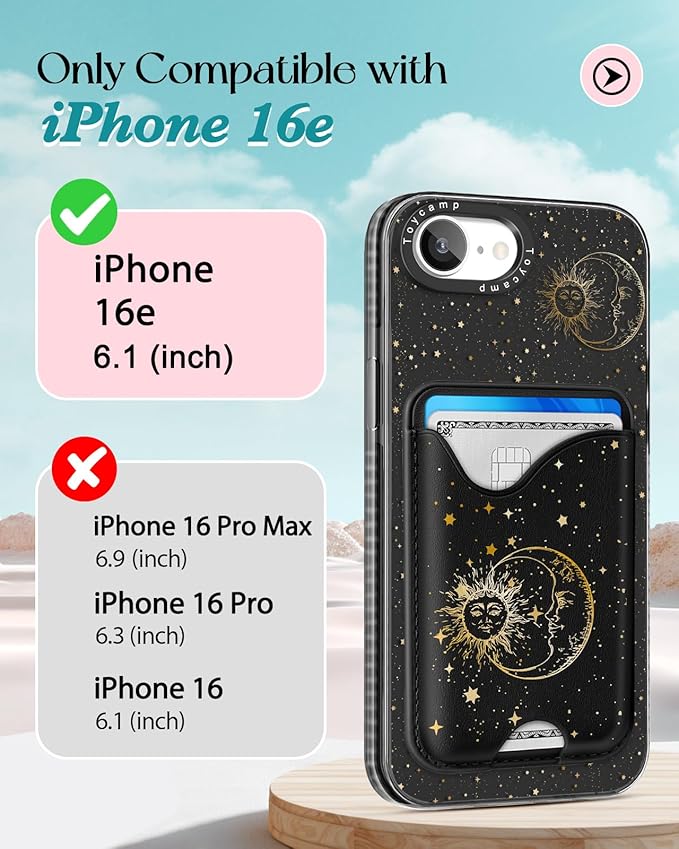 Toycamp for iPhone 16e Case 6.1 Inch - Compatible with Magsafe Credit Card Holder Wallet Magnetic Cute Women Teen Girls Kawaii Girly Unique Sun Moon Design Phone Cover for iPhone 16e