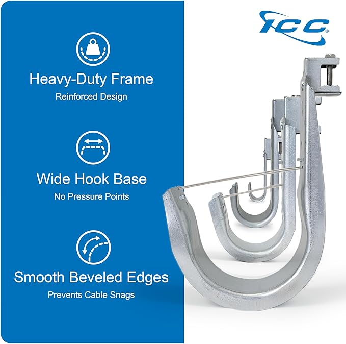 ICC Beam Clamp J Hook 3/4” Without Retainer Clip - Galvanized Steel Cable Management Hooks for Hanging Cable to Beams - Rust-Resistant, EIA and TIA Compliant - 3/4 Inch 25 Pack