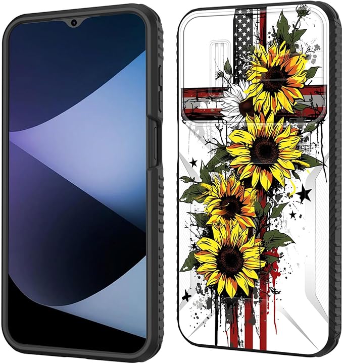 for Galaxy A15 5G Case Built in Slide Camera Lens Cover,Heavy Duty Shockproof Protection Dual Layer Case for Samsung Galaxy A15 5G 6.5 inch 2024,Cross American Flag Sunflower