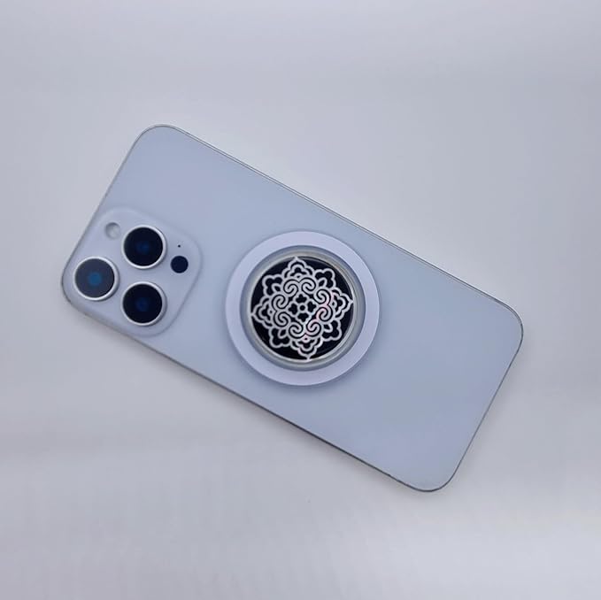 Korean Najeonchilgi Shell-Inlay Phone Grip Stand, Slim Round Phone Holder & Kickstand, Adhesive or Magnetic Back, Metal Ring Included - (Lotus Scroll)