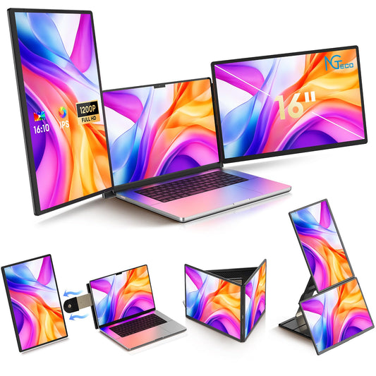 NGTeco 16" Triple Laptop Screen Extender, 1200P IPS Extended Monitor Portable, Plug & Play, Rotation Detachable Screen, Compatible with Windows/Mac/Chrome OS
