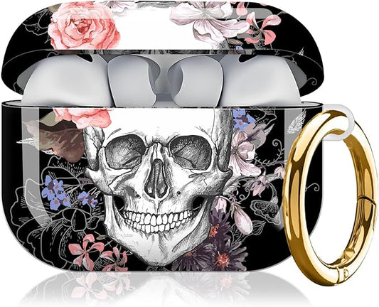 Compatible with AirPod Pro 3rd Generation Case 2025,Fashion Protective Cover with Keychain, Anti-Scratch, Drop Protection,Shockproof Cover for AirPod Pro 3 Women(Flower Skull Skeleton)