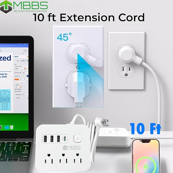 10 Ft Surge Protector Power Strip with USB C, 1200J Protection, Heavy Duty Extension Cord – (7-in-1) 3 AC Outlets, 4 USB Ports, LED On/Off Switch – Compact & Travel Friendly – Home, Office.