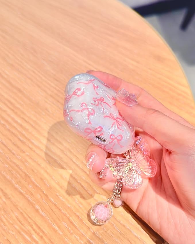 Compatible with AirPods 3rd Generation Case Cute, Shell Pattern Shockproof Protective Cover for Girls Women with Butterfly Keychain Designed for AirPod 3rd Gen 2021, Pink Bow