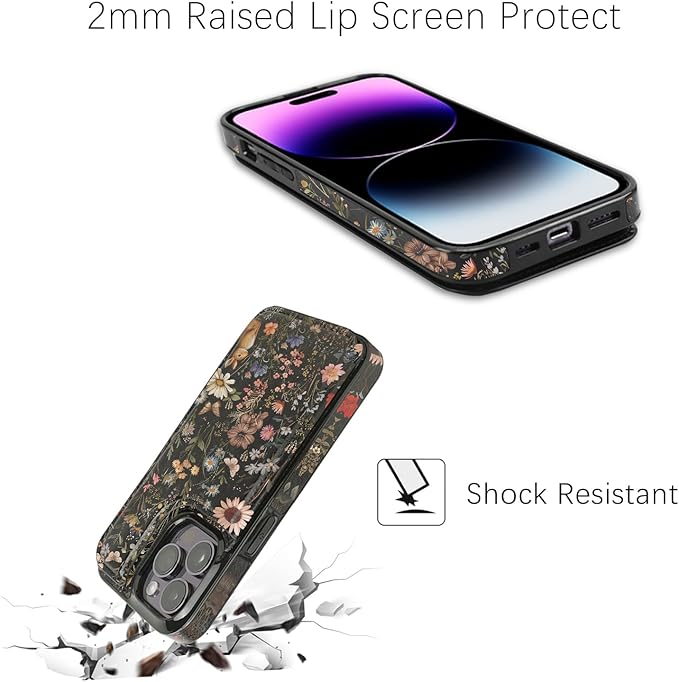 uCOLOR Compatible with iPhone 14 Pro 6.1" Wallet Case with Card Holder Folio Flip PU Leather Kickstand Card Slots Case Double Magnetic Clasp and RFID Blocking Cover (Wild Garden)