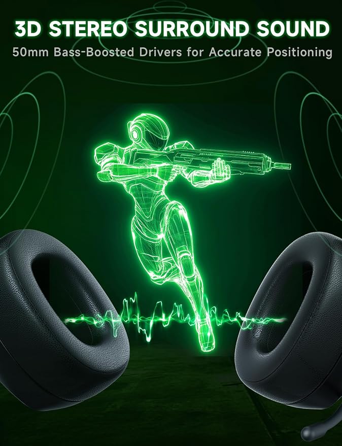 2.4GHz Wireless Gaming Headsets for PS5, PS4, PC, Switch - Bluetooth 5.3 Gaming Headphones with Noise Canceling Mic, 7.1 Surround Sound, 70H Battery, Blue Lighting - Black Green