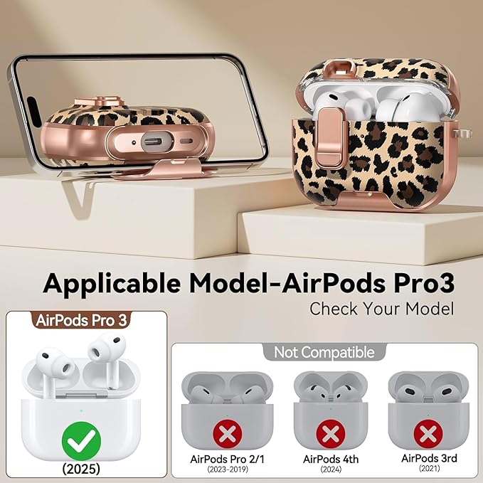 for AirPods Pro 3 Case 2025, with Safty Lock & Phone Stand for Floral AirPods Pro 3 Generation Case Cover for Women Girly, iPod Pro 3 Case with Keychain & Cleaner Kit - Leopard Print