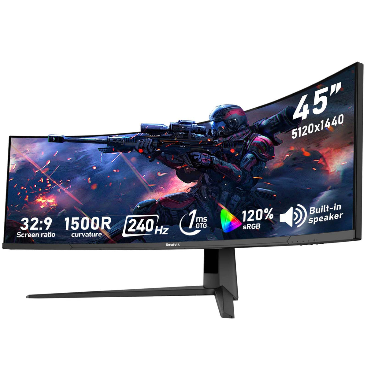 Gawfolk 45 inch Ultra-Wide Curved Gaming 240Hz PC Monitor, DQHD Screen