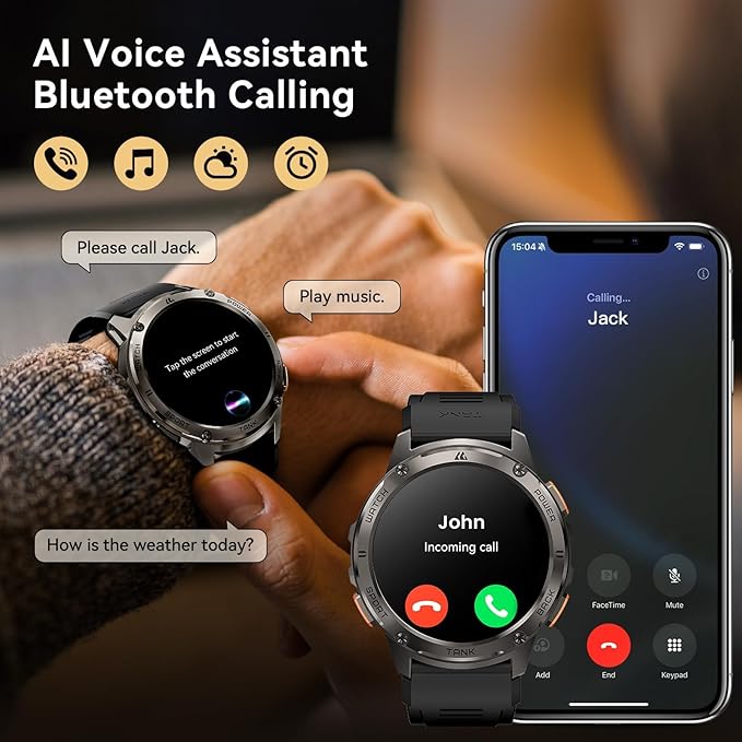 Smart Watches for Men, 480mAh Extra-Large Battery, 50M Waterproof, Military Fitness Watch Full Metal Body, Answer/Make Call, AI Voice Compatible for Android & iOS (Black)
