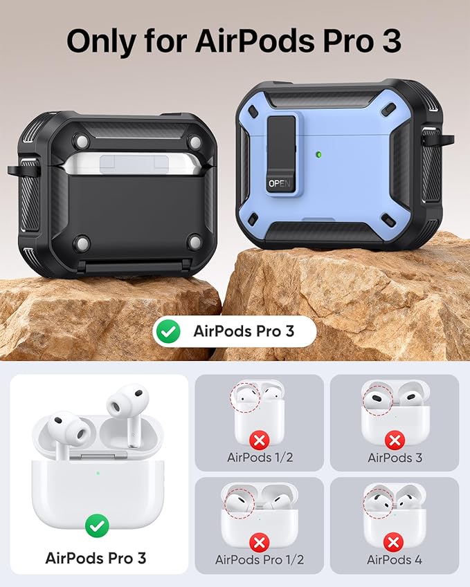 MoKo for AirPods Pro 3 Case with Lock 2025 - Compatible with MagSafe, Phone Stand & Auto Pop-up for AirPods Pro 3rd Generation Case, Military-Grade Protective Cover with Cleaner Kit, Light Blue+Black