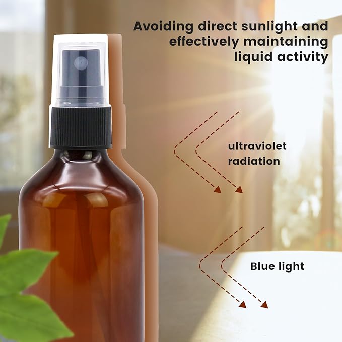 12 Pack 3.4oz Amber Spray Bottles, Small Fine Mist Mister Plastic Travel Bottles, Empty Bottles Set for Essential Oils Hair