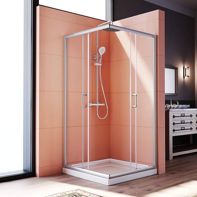 ELEGANT Corner Shower Enclosure 34'' D. x 34'' W. x 72'' H., Double Sliding Shower Door with 2 Stationary Panels, Shower Enclosure with 1/4'' Clear Glass, Brushed Nickel (Shower Base Not Included)