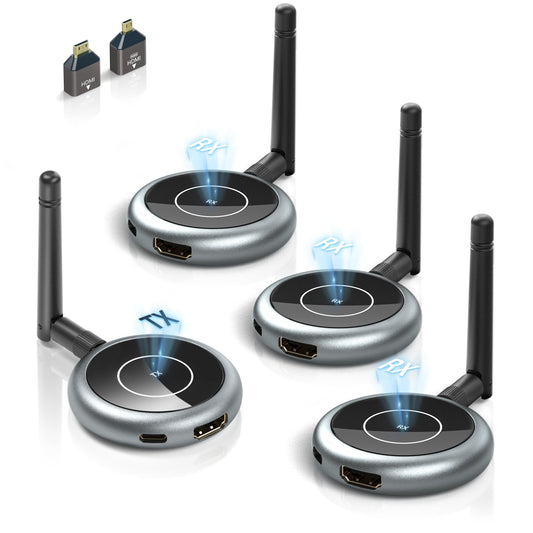 Wireless HDMI Transmitter and 3 Receivers, Plug and Play Multiple Tvs, 4K Decode 1080P@60Hz, 656FT/200M Range, Support 8 TVs, 5.8G/2.4G Extender for PC/Laptop/TV Box/Projector