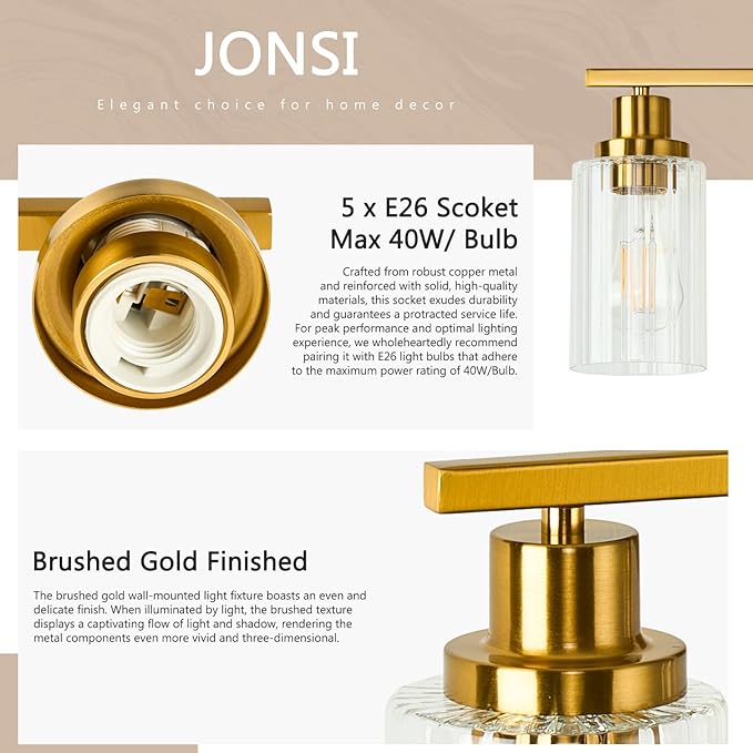 Jonsi Gold 5-Light Bathroom Vanity Light with Glass Shade, Modern Gold Bathroom Lights Over Mirror, W 40.2 x H 10.7 inches