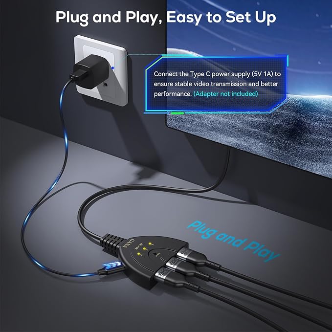 HDMI Switch, GANA 4K HDMI Splitter 3 in 1 Out, 3-Port Switcher Selector with Pigtail HDMI Cable,Supports Full HD 4K 30Hz 1080P 3D Player, Compatible with PS4/3, Xbox, Fire Stick, Roku, PC,TV