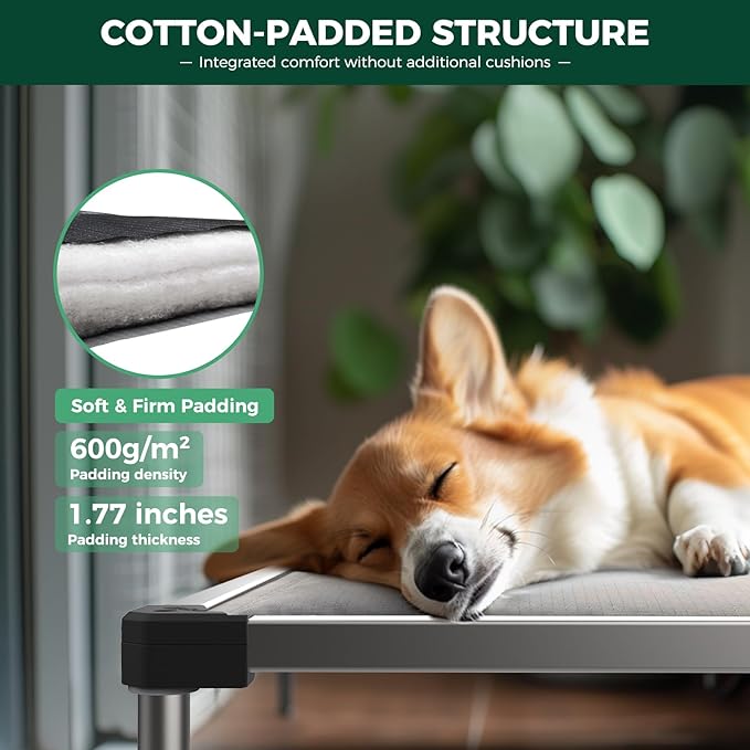 FXW TitanNest Chew-Proof Elevated Dog Bed, Raised Cot for Indoor/Outdoor/Camping Use, Durable & Washable Padded Pet Bed for Medium Dogs, 42.0" L x 27.0" W x 5.0" H, Gray