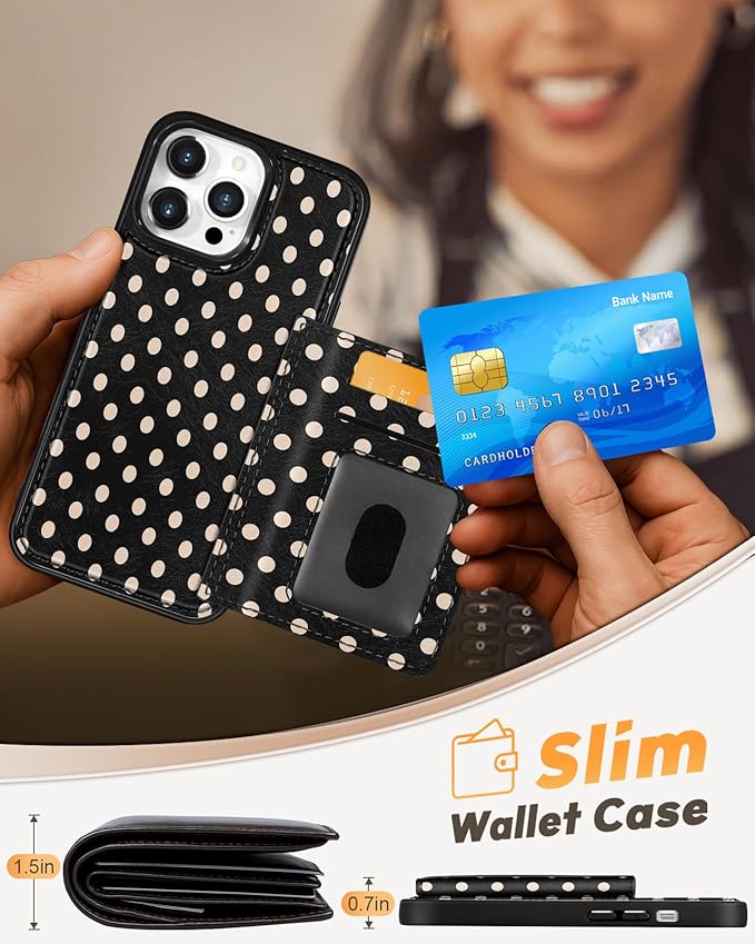 for iPhone 12 Pro Max Case with Wallet - Fits 4 Card Slots, Compatible with MagSafe for Women Aesthetic PU Leather Credit Card Holder Kickstand Phone Cover for Apple 12 Promax, Black Polka