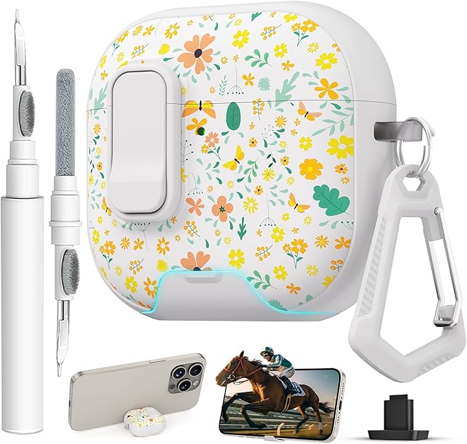 for AirPods 4 Case with Secure Lock Clip in Phone Stand,Floral Girly Style Protective Cover with Cleaning Kit and Hand Strap for Apple AirPod 4 Generation (Four-Leaf Clover)