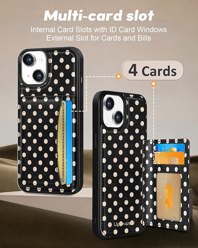 for iPhone 15 Plus Case with Wallet - Fits 4 Card Slots, Compatible with MagSafe for Women Aesthetic Durable PU Leather Credit Card Holder Kickstand Phone Cover for Apple 15 Plus, Black Polka