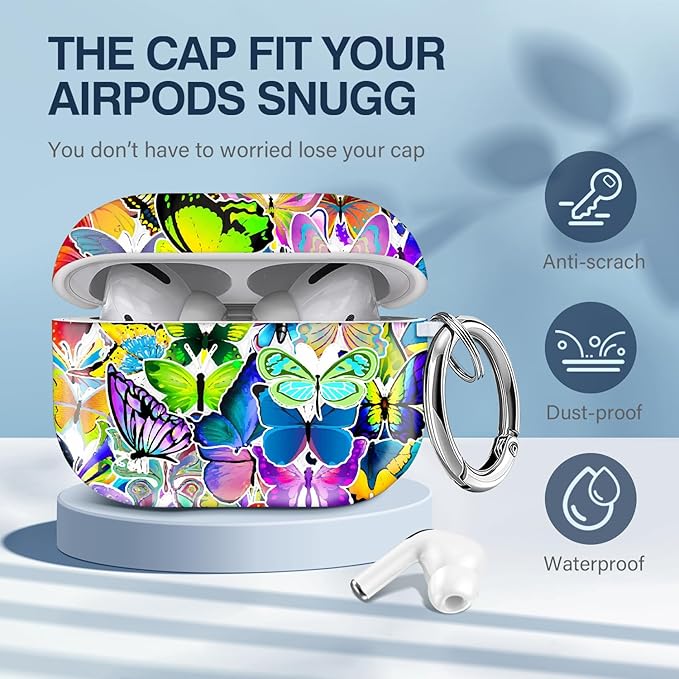 Maxjoy Compatible with AirPods Pro Case Cover, Cute Flowers Soft Protective for AirPod Pro 2019 Charging Case,Purple Green Butterfly Lanyard
