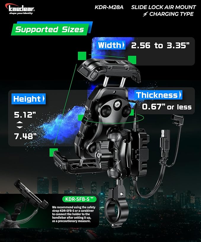 Kaedear Motorcycle Smartphone Holder, Vibration Absorption, QI, Wireless Charging, USB Powered, Waterproof, Mobile Phone Holder, Vibration Absorption, Mount, Air Mount, KDR-M28A
