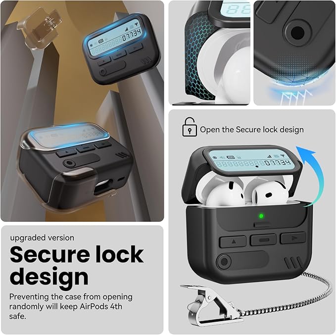 (with Safety Lock) Pager Cases for AirPods 4 Case Cover 2024 with Cleaner Kit,Sturdy Hard PC Protective for Apple AirPods 4th Generation Case for Men Women,AirPods 4 Accessories with Keychain-Black