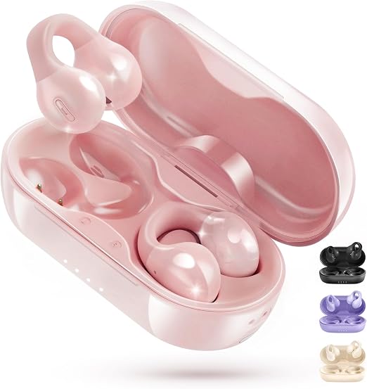 King Lucky i21 Open Ear Clip On Earbuds Wireless Bluetooth Ear Clip Headphones with Mic,Noise Cancelling, Waterproof IPX4,for Small Ears,Perfect for Running,Sports,Glasses Wearers (Pink)