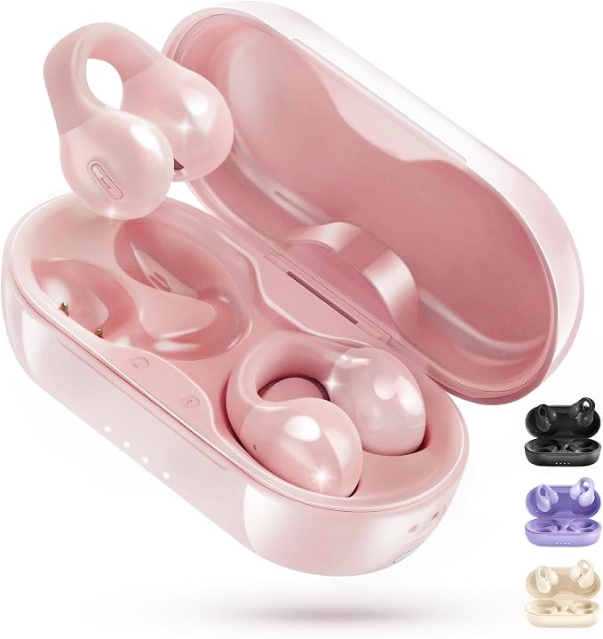 King Lucky i21 Open Ear Clip On Earbuds Wireless Bluetooth Ear Clip Headphones with Mic,Noise Cancelling, Waterproof IPX4,for Small Ears,Perfect for Running,Sports,Glasses Wearers (Pink)