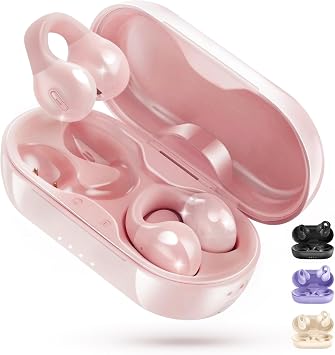 King Lucky i21 Open Ear Clip On Earbuds Wireless Bluetooth Ear Clip Headphones with Mic,Noise Cancelling, Waterproof IPX4,for Small Ears,Perfect for Running,Sports,Glasses Wearers (Pink)