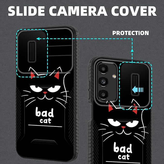 for Galaxy A15 5G Case Built in Slide Camera Lens Cover,Heavy Duty Shockproof Protection Dual Layer Case for Samsung Galaxy A15 5G 6.5 inch 2024,Funny Cat