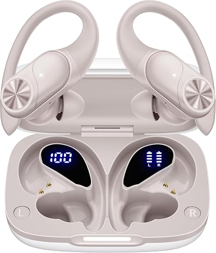 PocBuds Bluetooth Headphones Wireless Earbuds 80hrs Playtime Wireless Charging Case Digital Display Sport Ear Buds with Earhook Deep Bass IPX7 Waterproof Over-Ear Earphones for Phone Laptop Beige