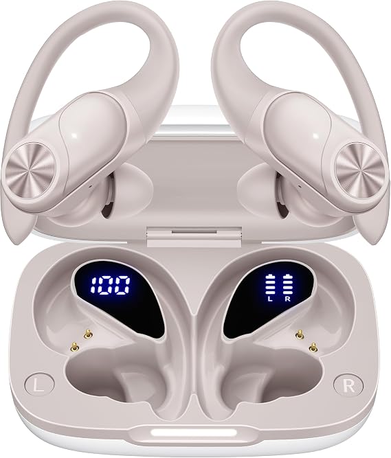 PocBuds Bluetooth Headphones Wireless Earbuds 80hrs Playtime Wireless Charging Case Digital Display Sport Ear Buds with Earhook Deep Bass IPX7 Waterproof Over-Ear Earphones for Phone Laptop Beige