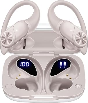 PocBuds Bluetooth Headphones Wireless Earbuds 80hrs Playtime Wireless Charging Case Digital Display Sport Ear Buds with Earhook Deep Bass IPX7 Waterproof Over-Ear Earphones for Phone Laptop Beige