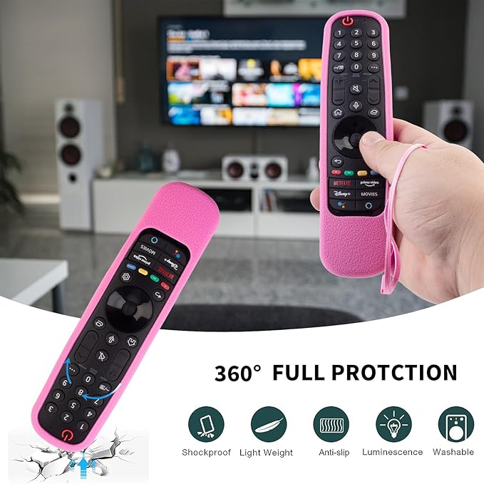 2 Pack Remote Cover for LG Magic, Silicone Protective Case for LG Smart TV Remote Controller LG MR21/ 22/23 Shockproof Anti-Slip Remote Case Remote Sleeve with Anti-Lost Loop (Black + Pink not Glow)