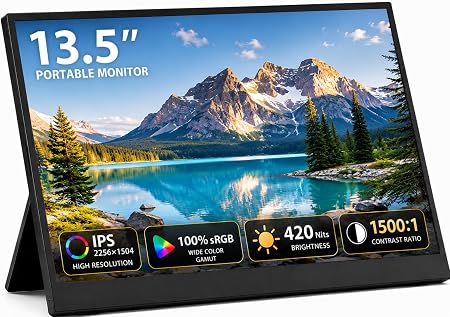 13.5" Portable Monitor 2256x1504 IPS Laptop Screen, Slim Lightweight Dual USB C HDMI Computer Gaming Display with Speakers, Travel Monitor for PC Phone PS5/4 Xbox Switch