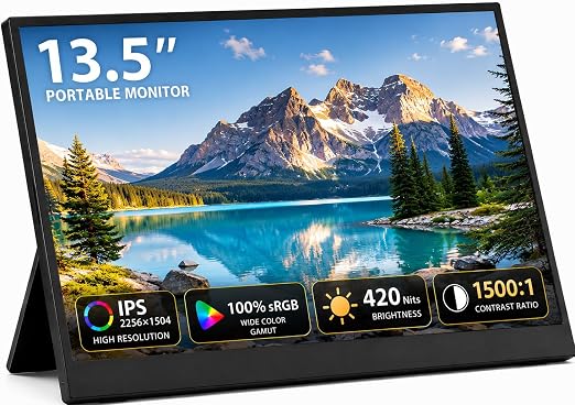13.5" Portable Monitor 2256x1504 IPS Laptop Screen, Slim Lightweight Dual USB C HDMI Computer Gaming Display with Speakers, Travel Monitor for PC Phone PS5/4 Xbox Switch