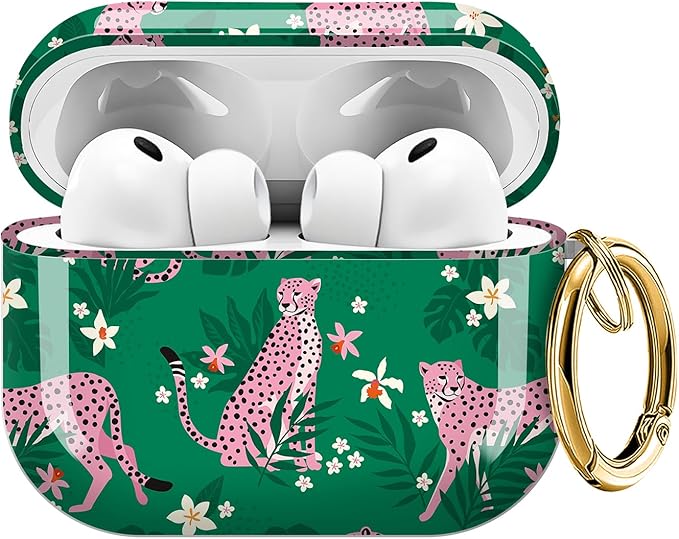 for AirPods Pro 3 Case, Compatible with AirPods Pro 3rd Generation Case (2025), Shockproof Protective Cover with Golden Carabine (Boho Pink Leopard)