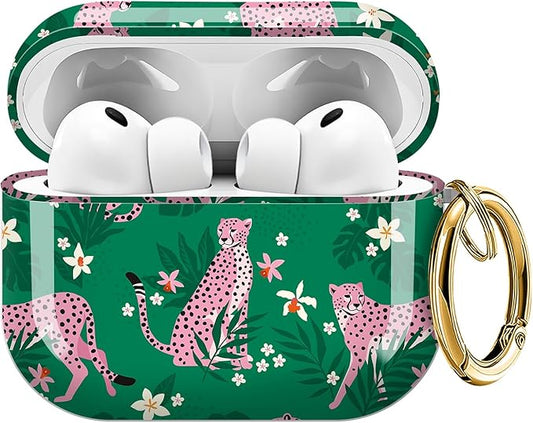 for AirPods Pro 3 Case, Compatible with AirPods Pro 3rd Generation Case (2025), Shockproof Protective Cover with Golden Carabine (Boho Pink Leopard)