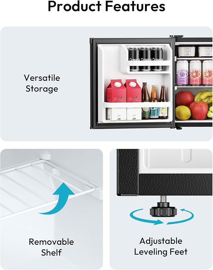 EUHOMY 1.7 Cu.Ft Mini Fridge with Freezer, Reversible Single Door Compact Refrigerator, Adjustable Thermostat, Energy Saving, Mini Fridge for Bedroom, Office, Dorm, Black