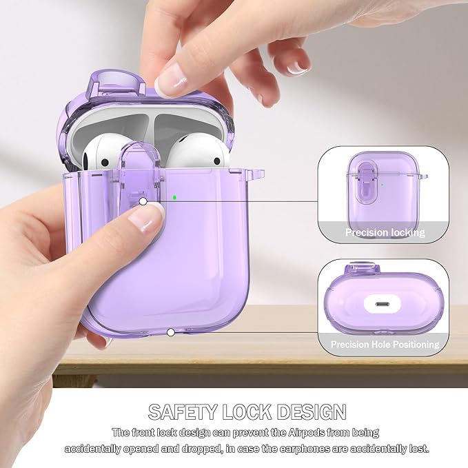 for Airpods 2nd Generation Case Cover with Secure Lock, Clear Soft TPU Transparent Military Grade Shockproof Protective Case with Cleaning Pen for Apple Airpods 2nd 2019, Clear Purple