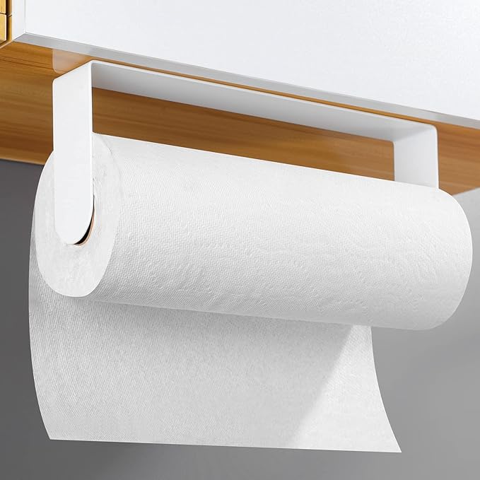 YIGII Adhesive Paper Towel Holder Under Cabinet - Stainless Steel Paper Towel Rack Stick on Wall Mount for Kitchen, White