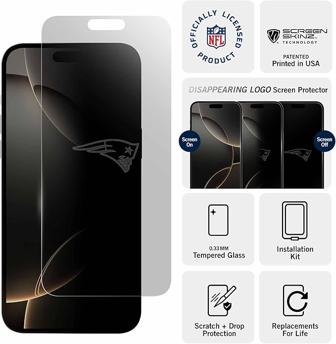 NFL New England Patriots Clear Screen Protectors for iPhone 15 Pro Max/15 Plus/16 Plus - with Disappearing Logo - Scratch-Resistant and Easy-to-Install Screen Protectors