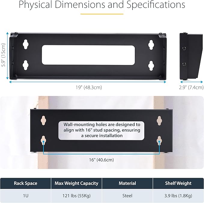 StarTech.com 1U Vertical Wall-Mount Bracket for 19Inch Rack Mountable Equipment, 121lb/55kg Capacity, for Patch Panels/Servers