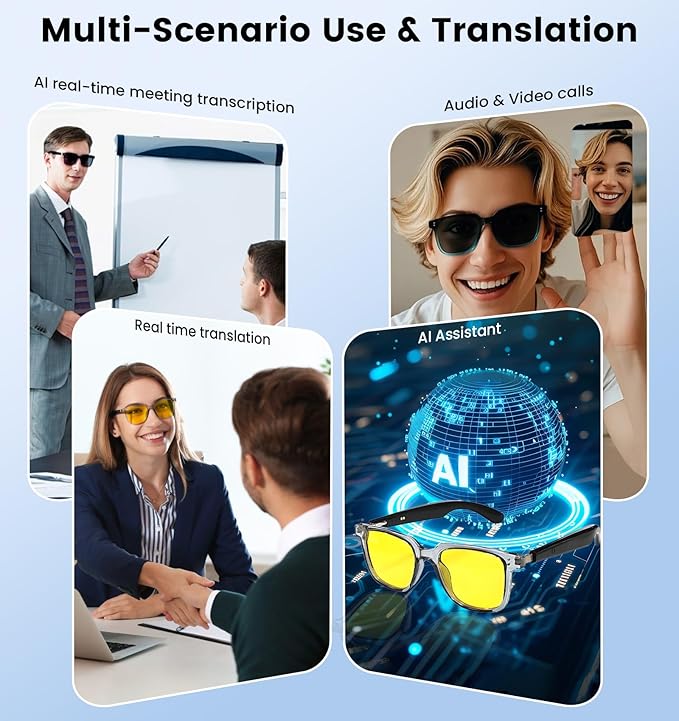 AI Translation Smart Glasses with Chat GPT for Men& Women, Bluetooth 5.4 Sunglasses with Translator 100 Languages& Accents,Multifunctional Outdoor UV Protection Glasses for Travel Trade Business-Gray