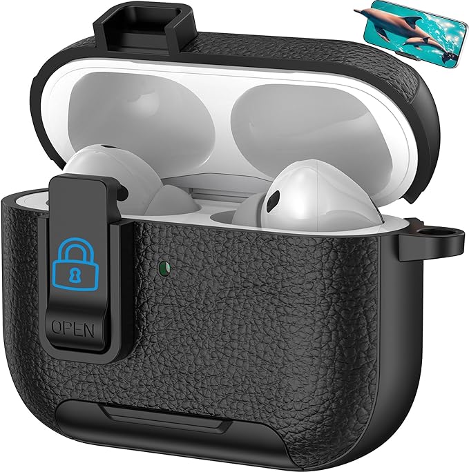 for Leather AirPods Pro 3 Case 2025| Cute Air Pods Pro 3 Case with Lock(Model A2700/A2931) | with Phone Holder & Keychain | Airpods Pro3 Cases for Man Women(Black)