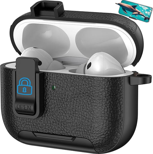 for Leather AirPods Pro 3 Case 2025| Cute Air Pods Pro 3 Case with Lock(Model A2700/A2931) | with Phone Holder & Keychain | Airpods Pro3 Cases for Man Women(Black)