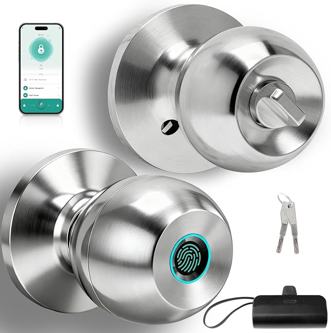 Fingerprint Door Lock, Smart Door Knob, Keyless Entry Door Lock with App Control, Thumbprint Door Knob with Extra Power Bank, Suitable for Home, Bedroom, Apartments, Office - Sliver
