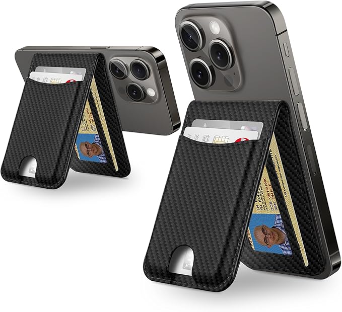 TopMade for MagSafe Wallet with Adjustable Stand, Magnetic Phone Card Holder for iPhone 17/16/15/14/13/12 Series, Leather RFID Blocking Wallet, ID Window, 6 Cards Holder, Carbon Fiber Black