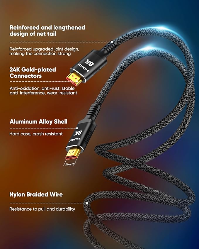 Snowkids 8K HDMI Cable 2.1 15FT 2-Pack, 48Gbps 4K Ultra High Speed Cord (8K@60Hz 7680x4320, 4K@120Hz) eARC HDR10 HDCP 2.2 & 2.3 3D, Compatible for PS-5/PS-4/X-Box/TV (Black)