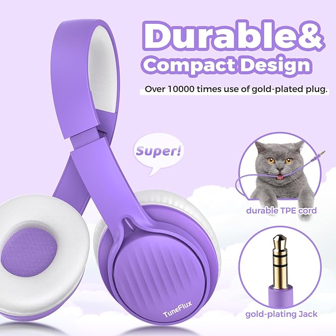 TuneFlux Upgraded Kids Headphones, Wired Toddler Headphones, 85dB Limited Volume On Ear Headphones, Portable Foldable Design, Stereo Sound Kids Headsets for School/Tablet/Travel-Purple